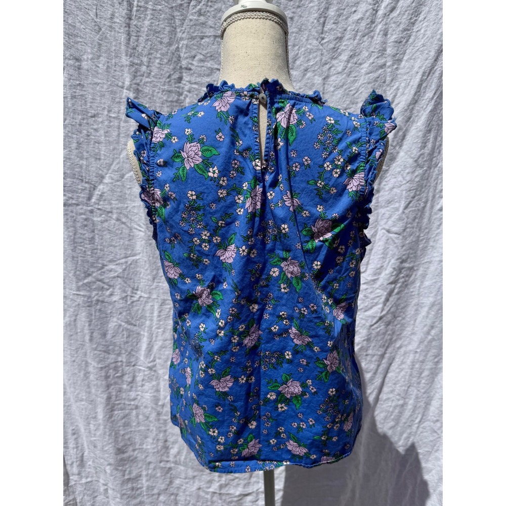 J. Crew Ruffle Neck Blouse Womens Blue Floral Flutter Sleeve Top Medium - Picture 3 of 7